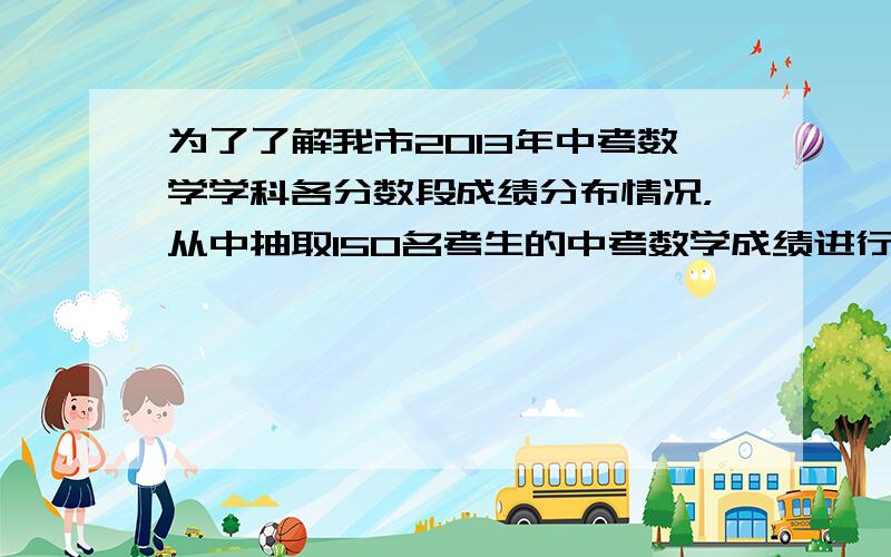 为了了解我市2013年中考数学学科各分数段成绩分布情况，从中抽取150名考生的中考数学成绩进行统计分析。在这个问题中，样