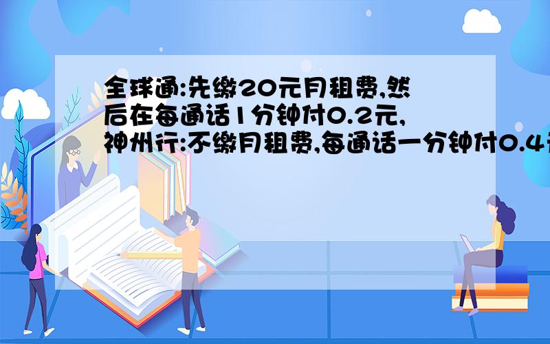 全球通:先缴20元月租费,然后在每通话1分钟付0.2元,神州行:不缴月租费,每通话一分钟付0.4元.