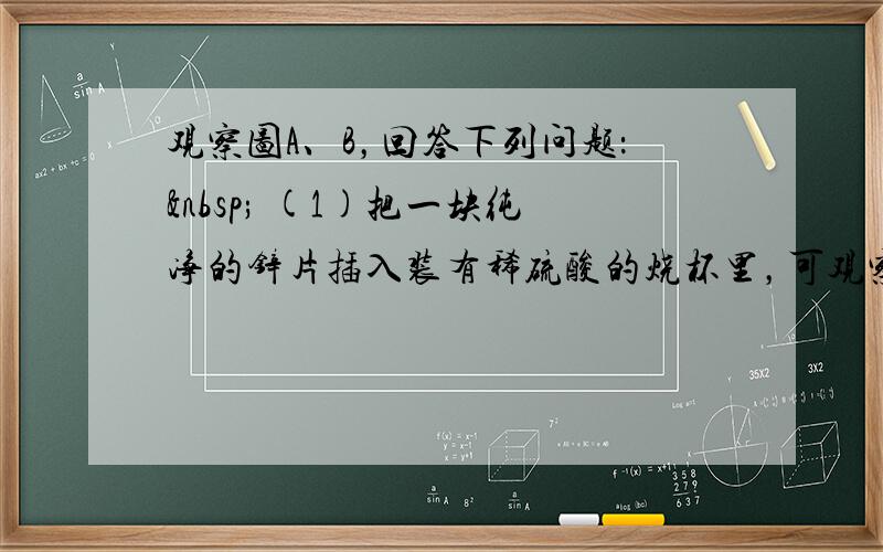 观察图A、B，回答下列问题：  (1)把一块纯净的锌片插入装有稀硫酸的烧杯里，可观察到锌片上有气泡，再平行插入