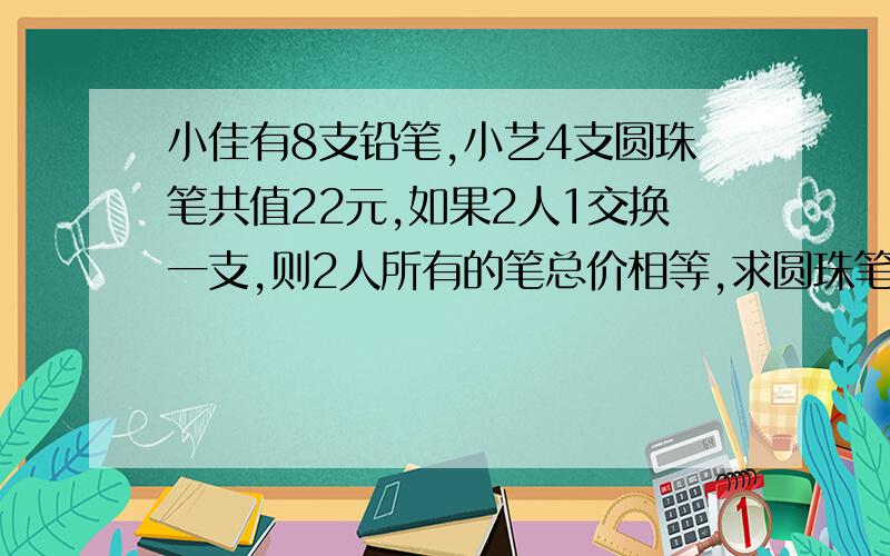 小佳有8支铅笔,小艺4支圆珠笔共值22元,如果2人1交换一支,则2人所有的笔总价相等,求圆珠笔（）元圆珠笔每