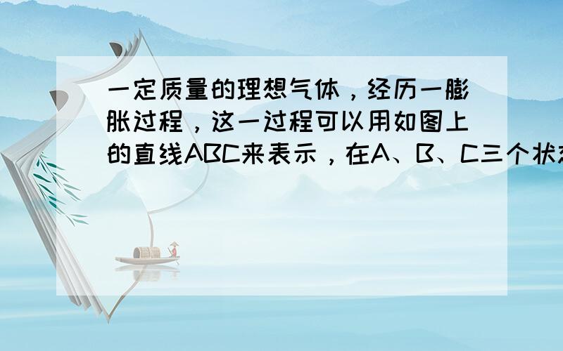 一定质量的理想气体，经历一膨胀过程，这一过程可以用如图上的直线ABC来表示，在A、B、C三个状态上，气体的温度T A 、