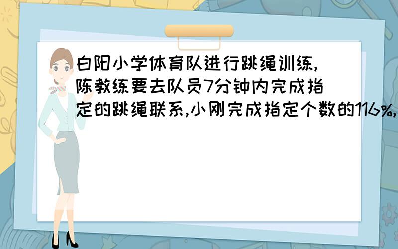 白阳小学体育队进行跳绳训练,陈教练要去队员7分钟内完成指定的跳绳联系,小刚完成指定个数的116%,小贾完成了指定个数的1