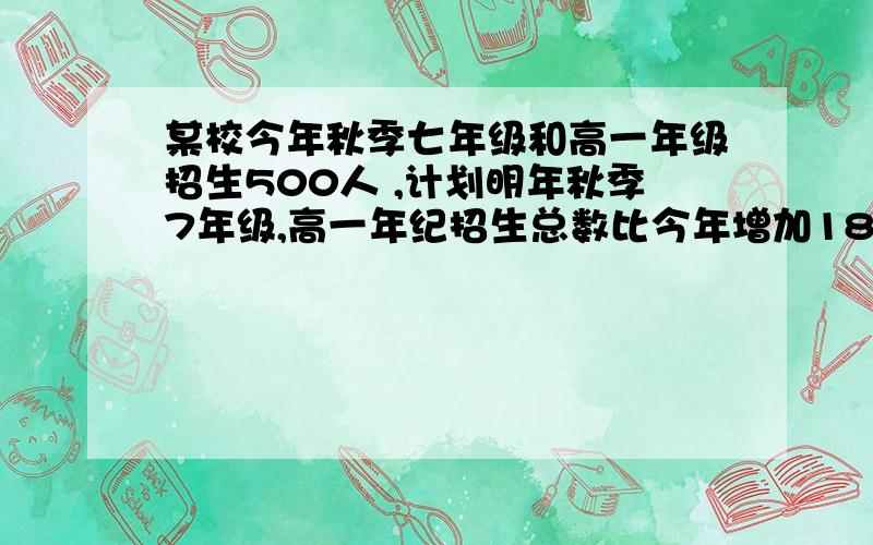 某校今年秋季七年级和高一年级招生500人 ,计划明年秋季7年级,高一年纪招生总数比今年增加18%.7年级计划增加20%,