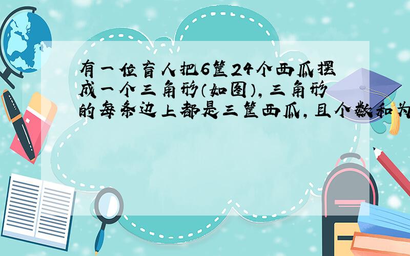 有一位盲人把6筐24个西瓜摆成一个三角形（如图），三角形的每条边上都是三筐西瓜，且个数和为9个．为检查西瓜是否丢失，他每