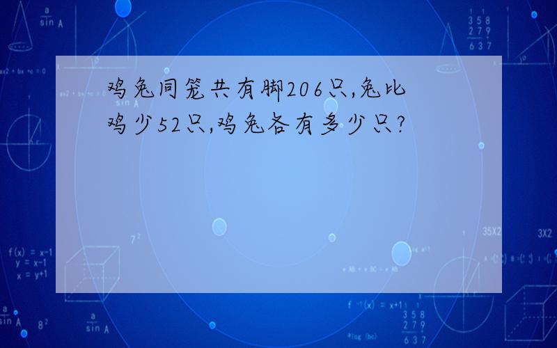 鸡兔同笼共有脚206只,兔比鸡少52只,鸡兔各有多少只?