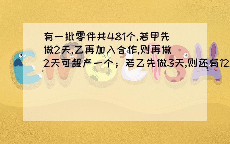 有一批零件共481个,若甲先做2天,乙再加入合作,则再做2天可超产一个；若乙先做3天,则还有12个未完成