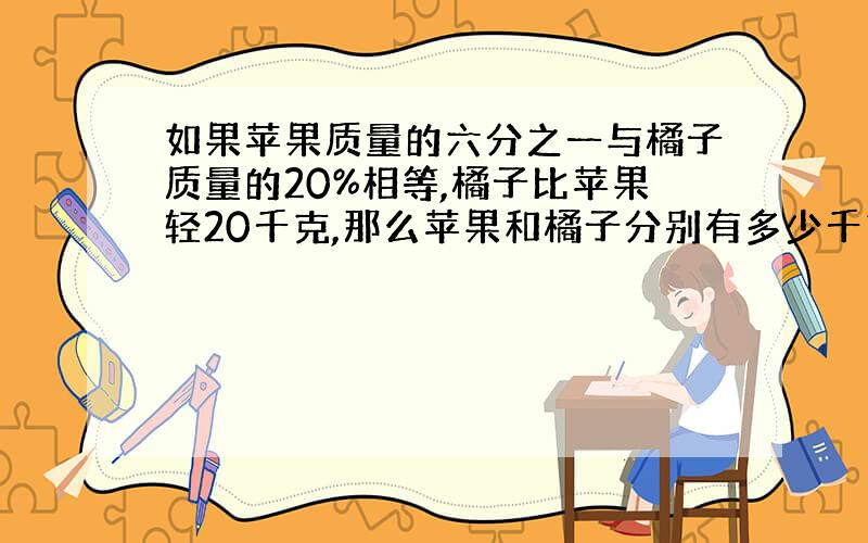 如果苹果质量的六分之一与橘子质量的20%相等,橘子比苹果轻20千克,那么苹果和橘子分别有多少千克?用方程