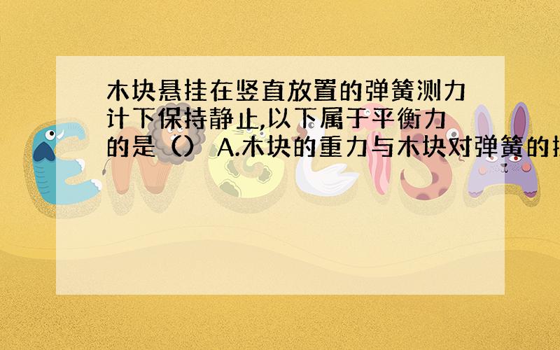 木块悬挂在竖直放置的弹簧测力计下保持静止,以下属于平衡力的是（） A.木块的重力与木块对弹簧的拉力