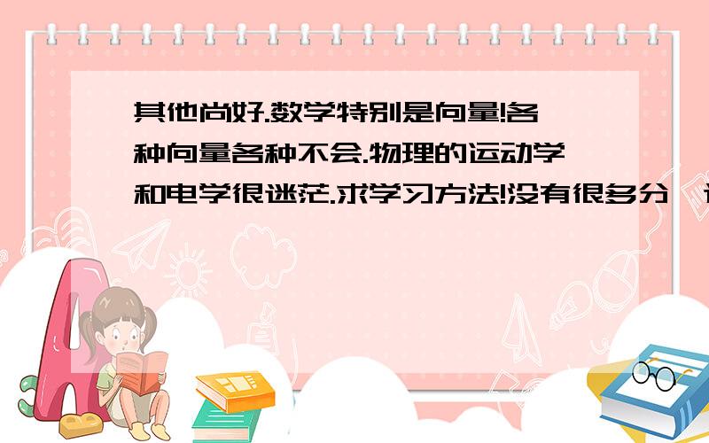 其他尚好.数学特别是向量!各种向量各种不会.物理的运动学和电学很迷茫.求学习方法!没有很多分,这一点聊表心意.