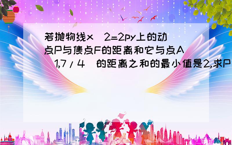 若抛物线x^2=2py上的动点P与焦点F的距离和它与点A(1,7/4)的距离之和的最小值是2,求P