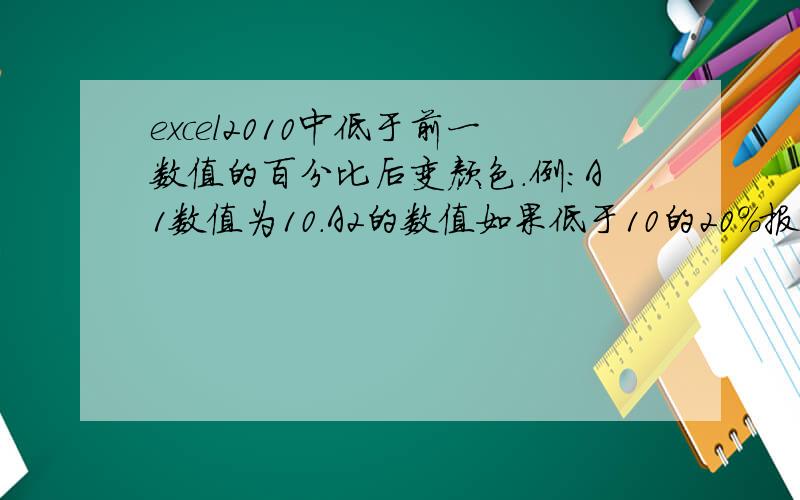 excel2010中低于前一数值的百分比后变颜色.例：A1数值为10.A2的数值如果低于10的20%报警.