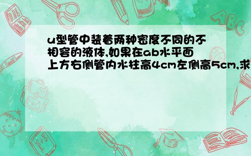 u型管中装着两种密度不同的不相容的液体,如果在ab水平面上方右侧管内水柱高4cm左侧高5cm,求液体的密度?