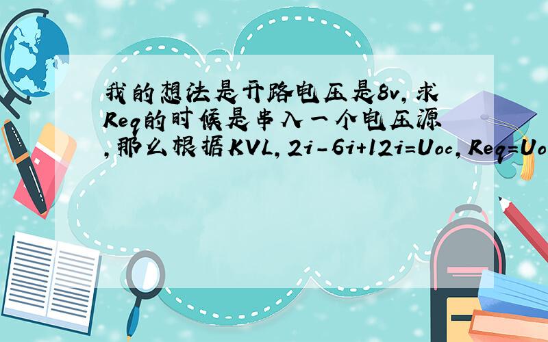 我的想法是开路电压是8v,求Req的时候是串入一个电压源,那么根据KVL,2i-6i+12i=Uoc,Req=Uoc/i