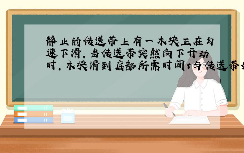 静止的传送带上有一木块正在匀速下滑,当传送带突然向下开动时,木块滑到底部所需时间t与传送带始终静止不动所需时间t0相比可