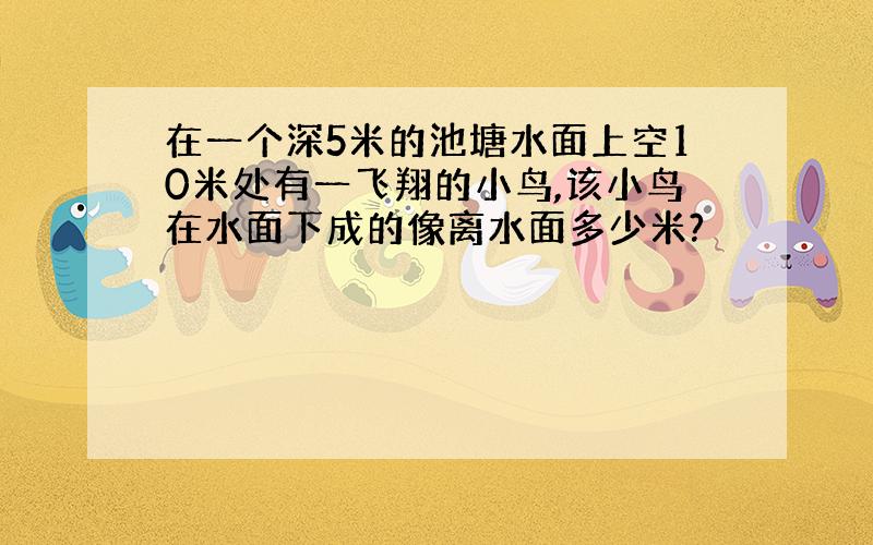 在一个深5米的池塘水面上空10米处有一飞翔的小鸟,该小鸟在水面下成的像离水面多少米?