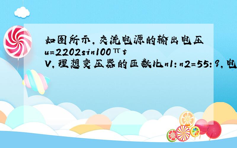 如图所示，交流电源的输出电压u=2202sin100πtV，理想变压器的匝数比n1：n2=55：9，电灯恰好正常发光．电