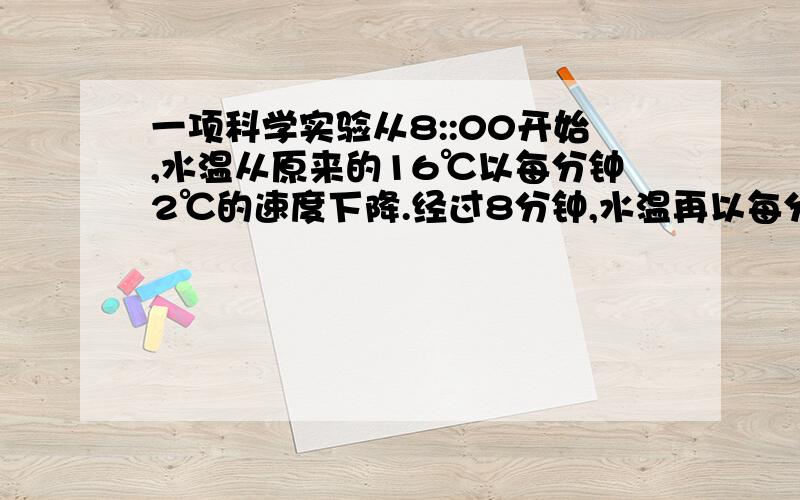 一项科学实验从8::00开始,水温从原来的16℃以每分钟2℃的速度下降.经过8分钟,水温再以每分钟3℃的速度