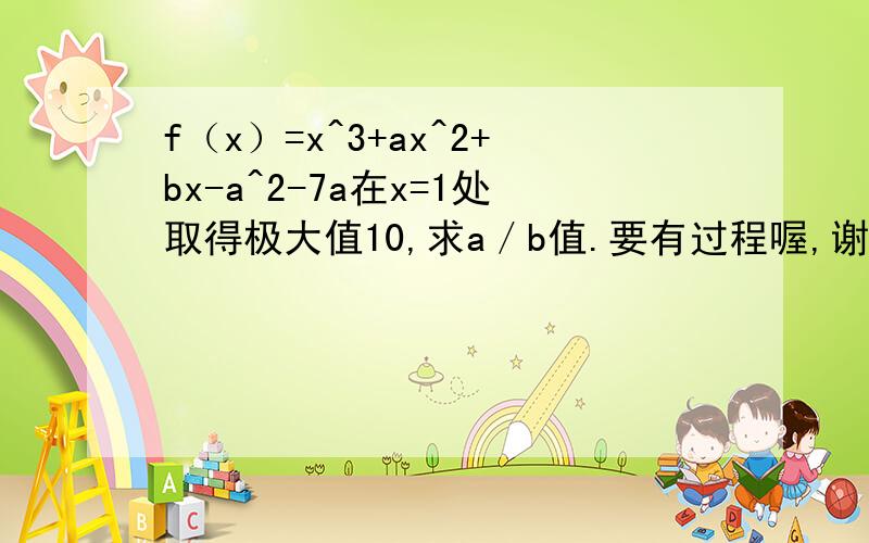 f（x）=x^3+ax^2+bx-a^2-7a在x=1处取得极大值10,求a／b值.要有过程喔,谢