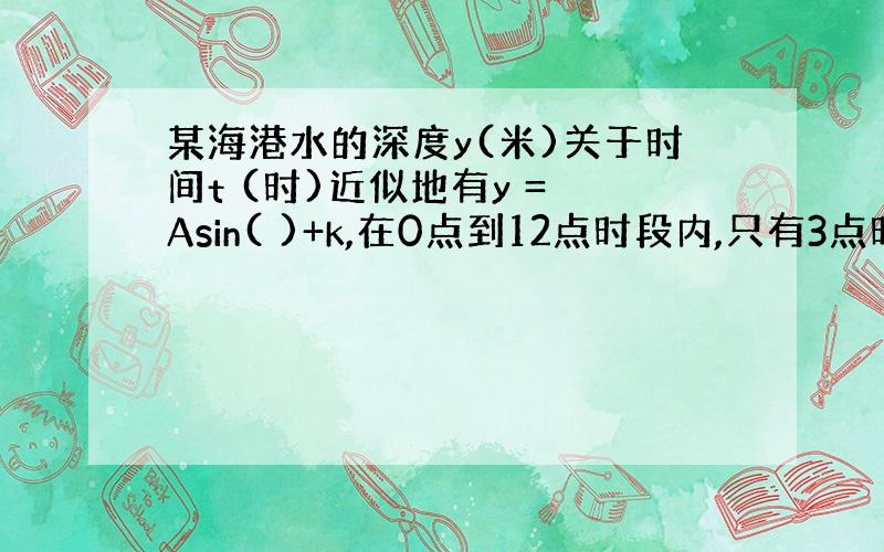 某海港水的深度y(米)关于时间t (时)近似地有y = Asin( )+k,在0点到12点时段内,只有3点时出现最深水1