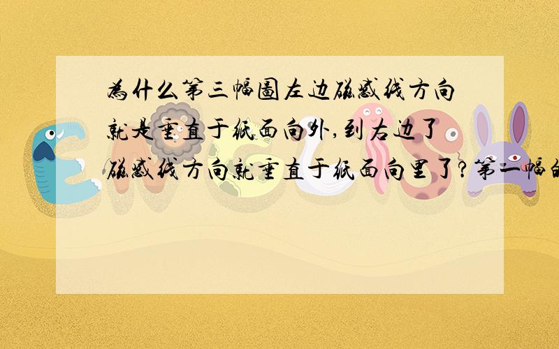 为什么第三幅图左边磁感线方向就是垂直于纸面向外,到右边了磁感线方向就垂直于纸面向里了?第一幅的