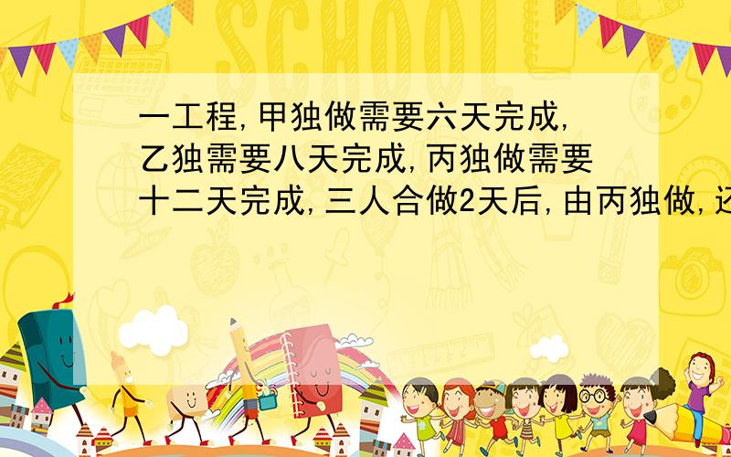 一工程,甲独做需要六天完成,乙独需要八天完成,丙独做需要十二天完成,三人合做2天后,由丙独做,还需几天?