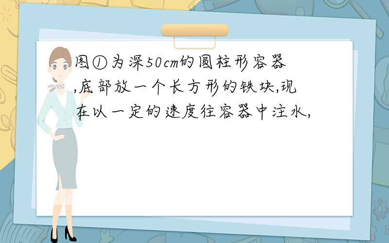 图①为深50cm的圆柱形容器,底部放一个长方形的铁块,现在以一定的速度往容器中注水,