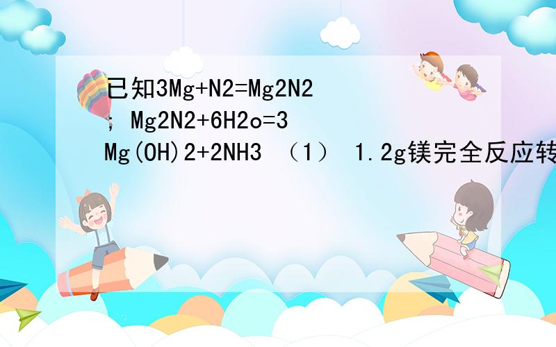 已知3Mg+N2=Mg2N2; Mg2N2+6H2o=3Mg(OH)2+2NH3 （1） 1.2g镁完全反应转移的电子数