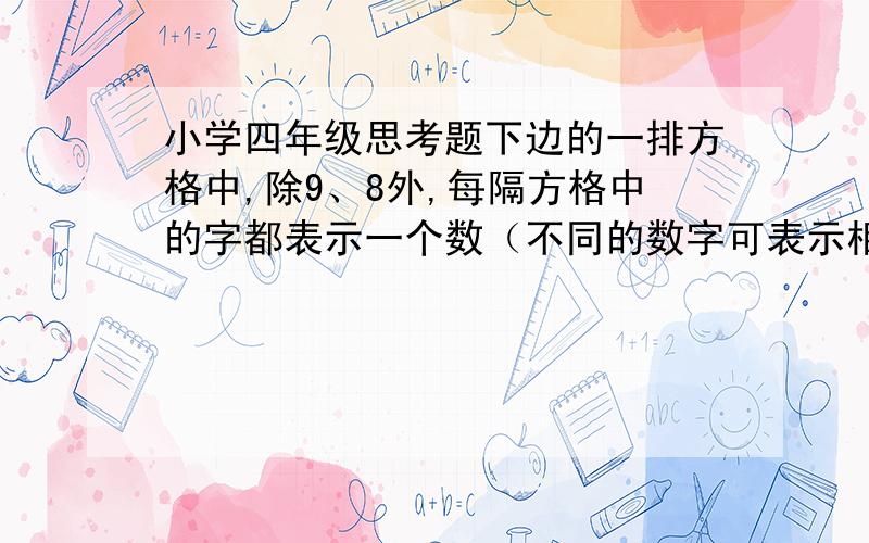 小学四年级思考题下边的一排方格中,除9、8外,每隔方格中的字都表示一个数（不同的数字可表示相同的数）,已知其中任何3个连