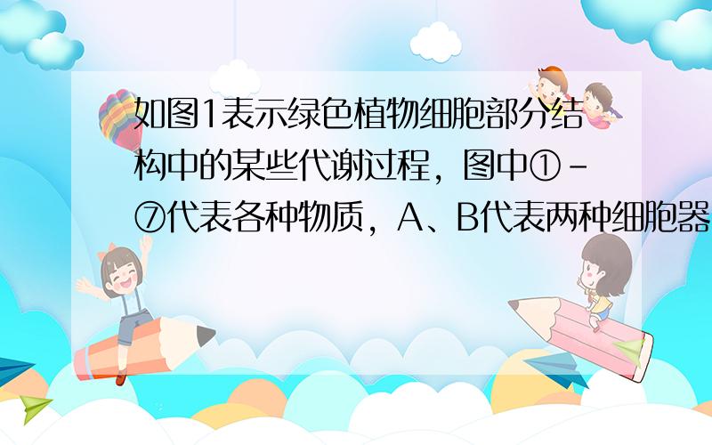 如图1表示绿色植物细胞部分结构中的某些代谢过程，图中①-⑦代表各种物质，A、B代表两种细胞器．图2表示该植物叶片CO2吸