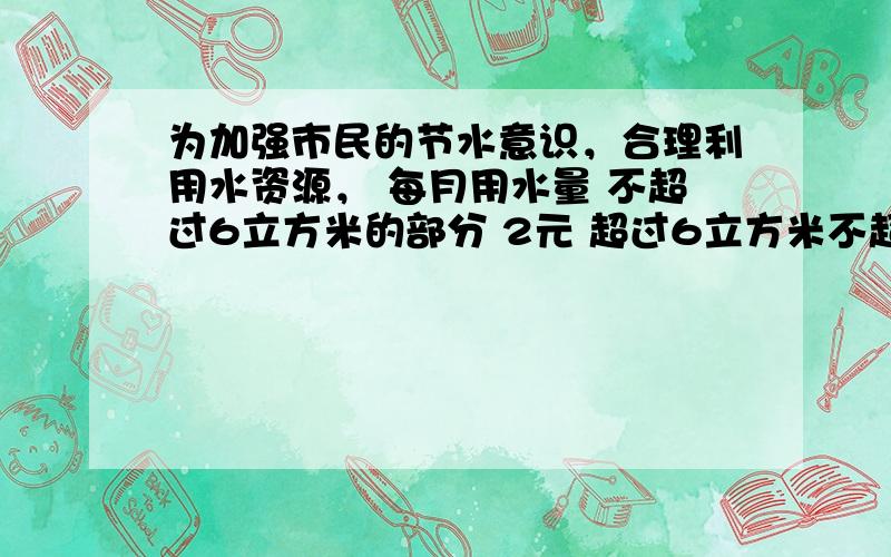 为加强市民的节水意识，合理利用水资源， 每月用水量 不超过6立方米的部分 2元 超过6立方米不超过10立方米的部分 4元