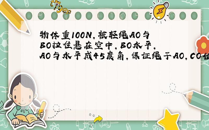 物体重100N,被轻绳AO与BO拉住悬在空中,BO水平,AO与水平成45度角,保证绳子AO,CO位置不变,当绳子BO由水