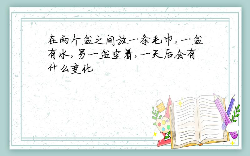 在两个盆之间放一条毛巾,一盆有水,另一盆空着,一天后会有什么变化