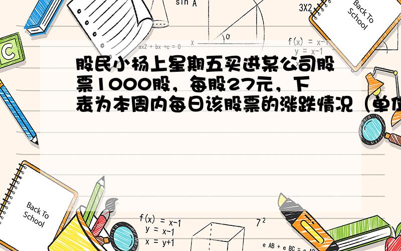 股民小杨上星期五买进某公司股票1000股，每股27元，下表为本周内每日该股票的涨跌情况（单位：元）：