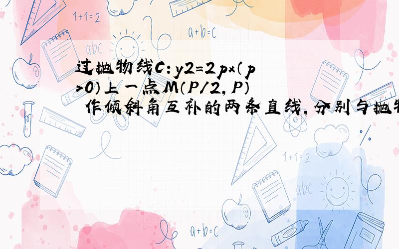 过抛物线C：y2=2px（p＞0）上一点M（P/2,P） 作倾斜角互补的两条直线,分别与抛物线交于A、B两点（1）求证：