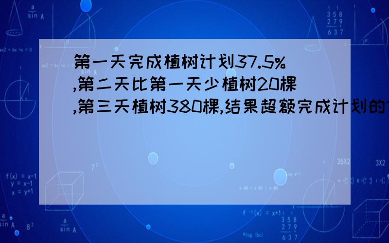 第一天完成植树计划37.5%,第二天比第一天少植树20棵,第三天植树380棵,结果超额完成计划的10%,