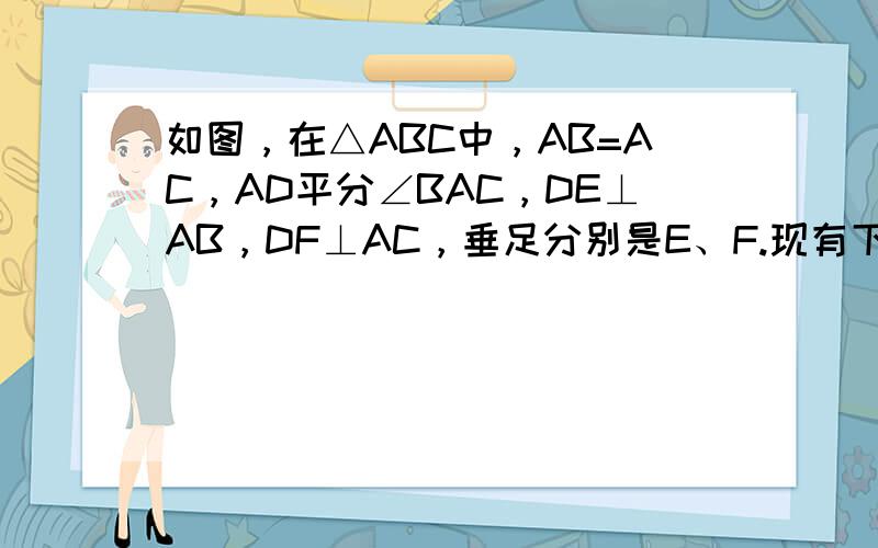 如图，在△ABC中，AB=AC，AD平分∠BAC，DE⊥AB，DF⊥AC，垂足分别是E、F.现有下列结论：（1）DE=D