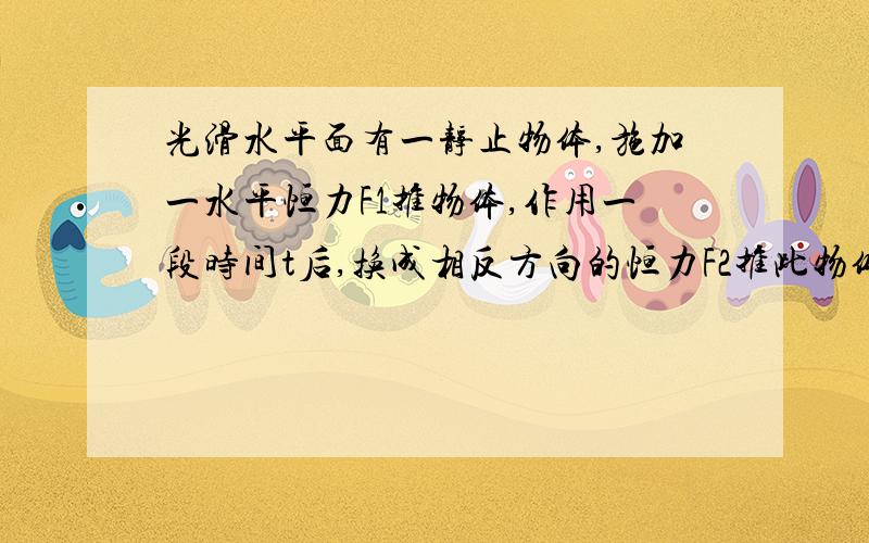 光滑水平面有一静止物体,施加一水平恒力F1推物体,作用一段时间t后,换成相反方向的恒力F2推此物体,经过2t的时间,物体