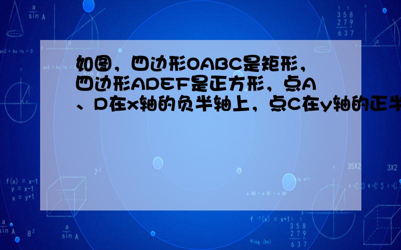 如图，四边形OABC是矩形，四边形ADEF是正方形，点A、D在x轴的负半轴上，点C在y轴的正半轴上，点F在AB上，点B、