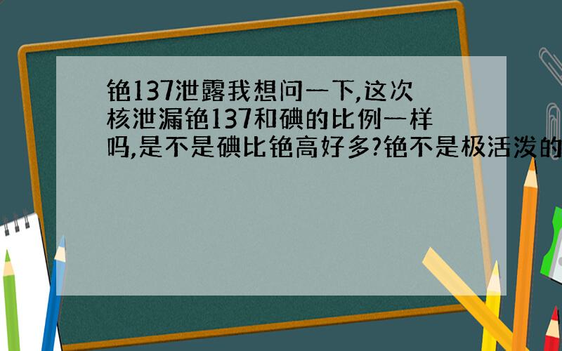 铯137泄露我想问一下,这次核泄漏铯137和碘的比例一样吗,是不是碘比铯高好多?铯不是极活泼的金属吗,在空气中还不被立刻