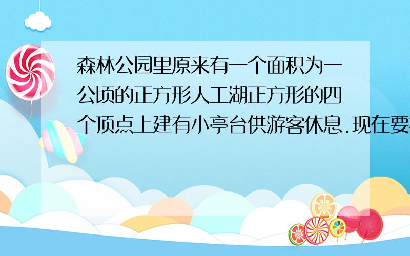 森林公园里原来有一个面积为一公顷的正方形人工湖正方形的四个顶点上建有小亭台供游客休息.现在要把人