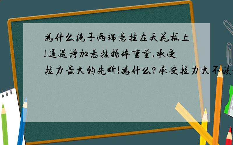 为什么绳子两端悬挂在天花板上!通过增加悬挂物体重量,承受拉力最大的先断!为什么?承受拉力大不该是最后断吗