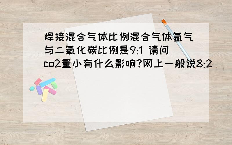 焊接混合气体比例混合气体氩气与二氧化碳比例是9:1 请问co2量小有什么影响?网上一般说8:2