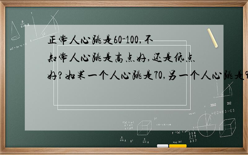 正常人心跳是60-100,不知常人心跳是高点好,还是低点好?如果一个人心跳是70,另一个人心跳是90,相对而言那个人体质