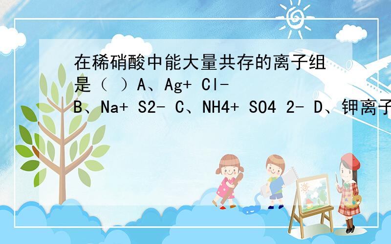 在稀硝酸中能大量共存的离子组是（ ）A、Ag+ Cl- B、Na+ S2- C、NH4+ SO4 2- D、钾离子、亚硫