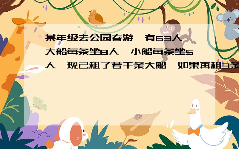 某年级去公园春游,有63人,大船每条坐8人,小船每条坐5人,现已租了若干条大船,如果再租3条小船,还有人