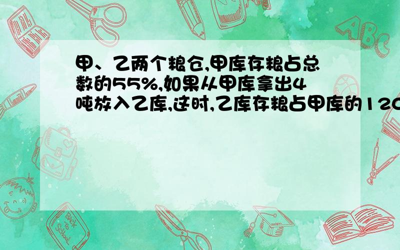 甲、乙两个粮仓,甲库存粮占总数的55%,如果从甲库拿出4吨放入乙库,这时,乙库存粮占甲库的120%,甲、乙