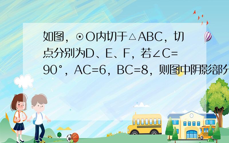 如图，⊙O内切于△ABC，切点分别为D、E、F，若∠C=90°，AC=6，BC=8，则图中阴影部分（即指线段CE、CF及