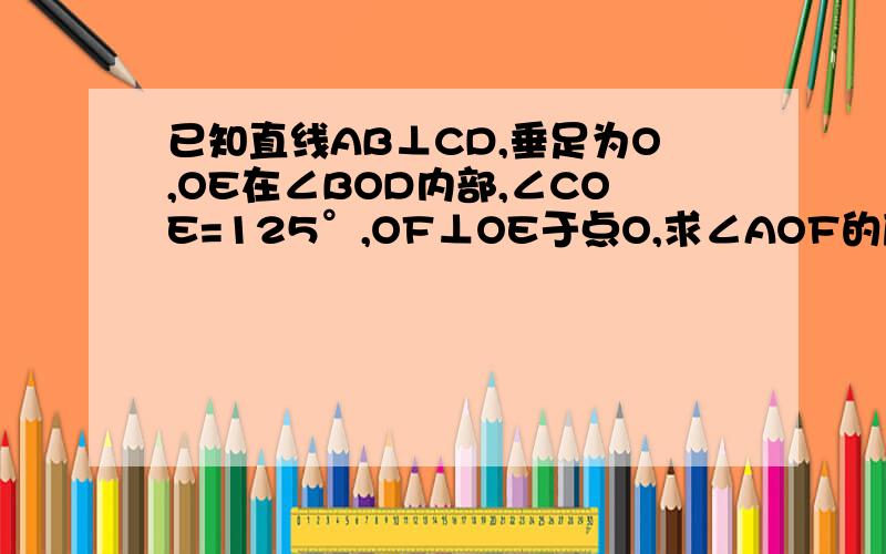 已知直线AB⊥CD,垂足为O,OE在∠BOD内部,∠COE=125°,OF⊥OE于点O,求∠AOF的度数,