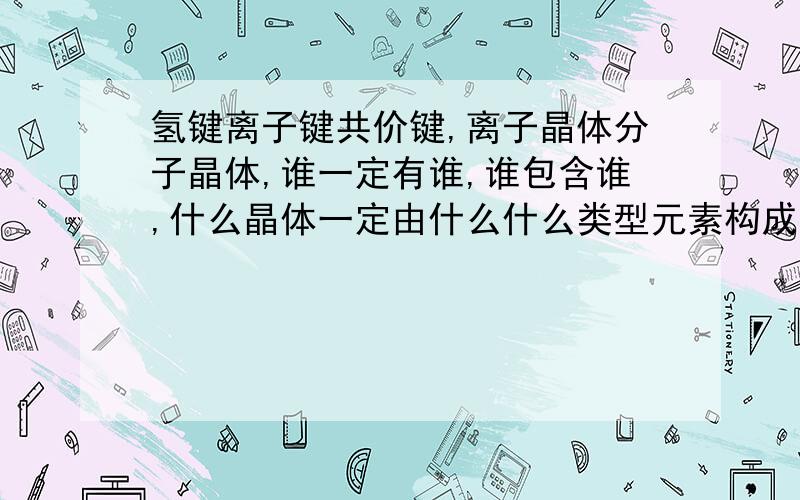 氢键离子键共价键,离子晶体分子晶体,谁一定有谁,谁包含谁,什么晶体一定由什么什么类型元素构成,最好有示意图,有特例