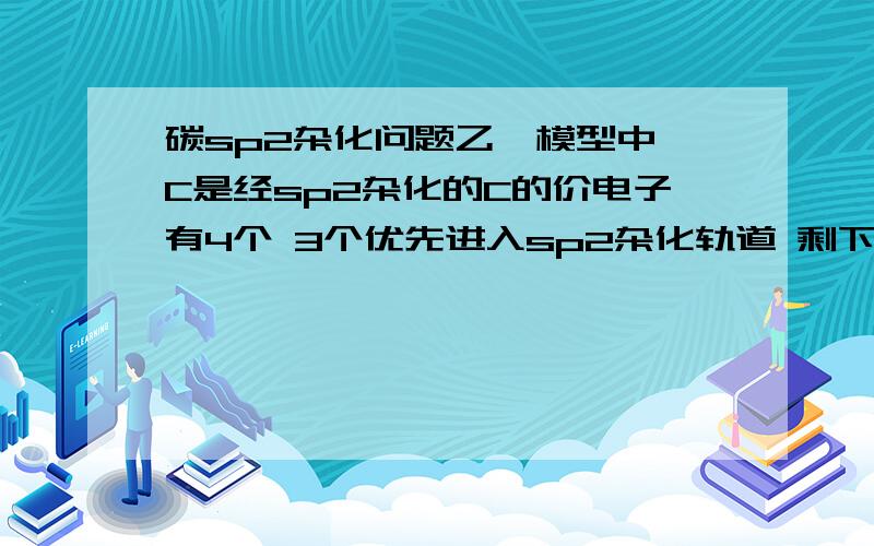 碳sp2杂化问题乙烯模型中 C是经sp2杂化的C的价电子有4个 3个优先进入sp2杂化轨道 剩下的一个为什么是进入p轨道